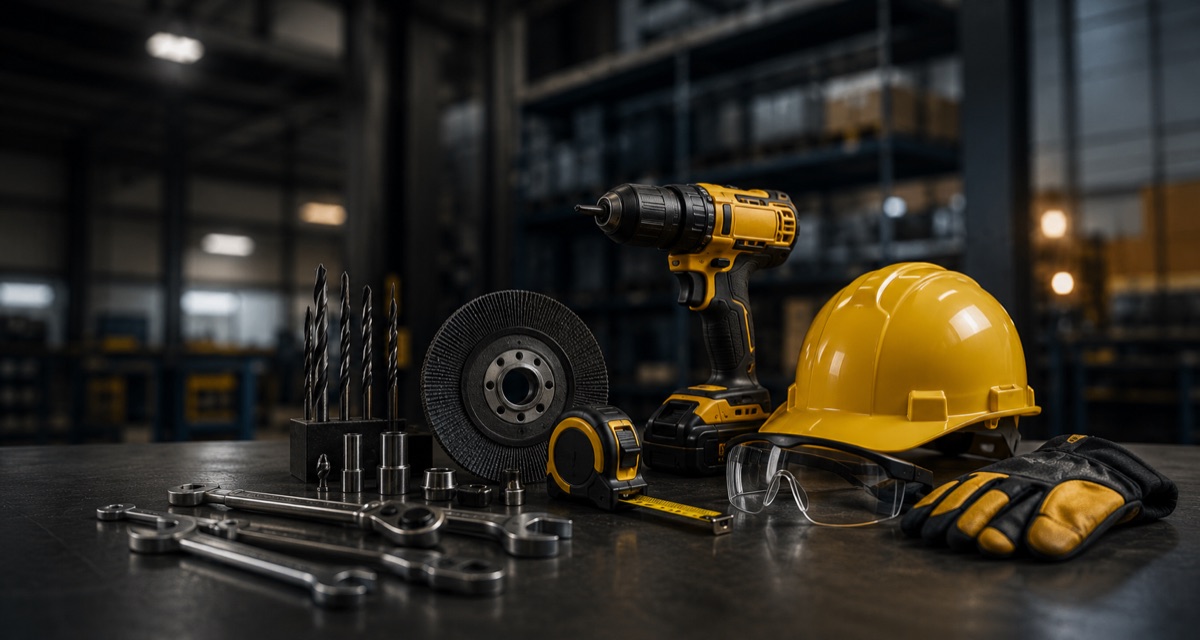 Ferramentas, furadeira, capacete, óculos e luvas em ambiente industrial